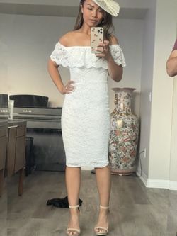 White MIDI dress stretch lace Off Shoulder 