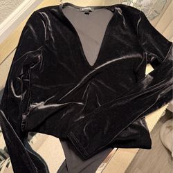 Express Black Velvet Bodysuit V Neck Double Snap