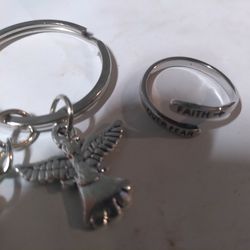 Guardian Angel Keychain And "Faith Over Fear" Bible Quote Silver Ring