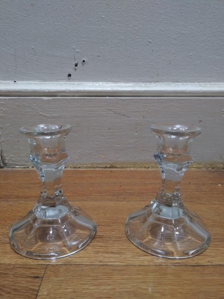 Pair Of Vintage Glass Crystal Candle Holders.