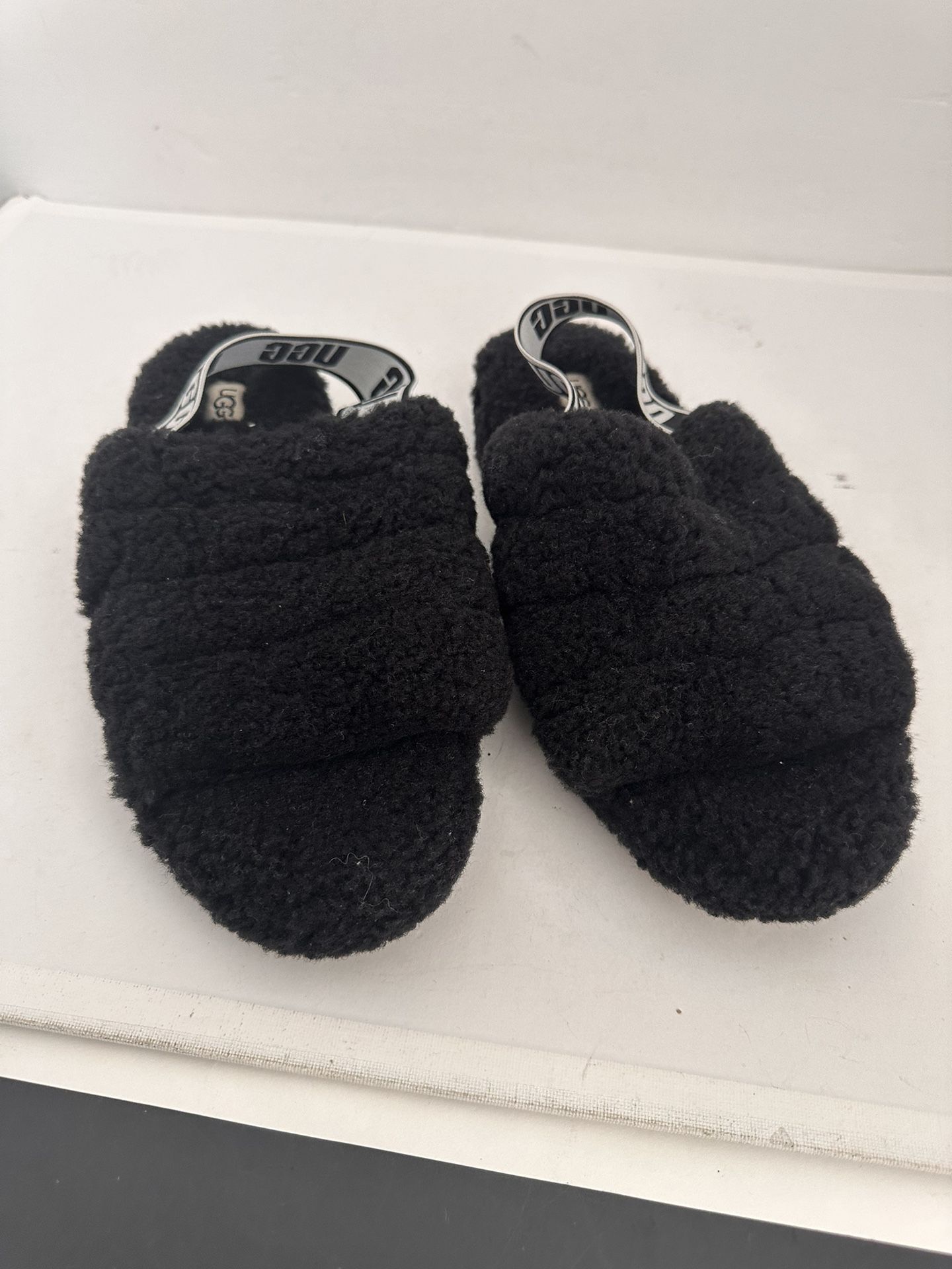 UGG ‘Fluff Yeah’ Black Sheepskin Platform Slide Sandal Women’s Size 9