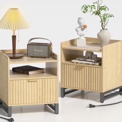 New Fluted Night Stand End Table With Charging Station Set Of 2 