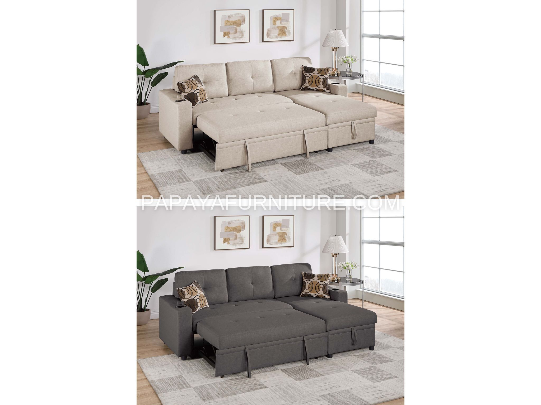 86" Aesthetic Beige/ Ash Sleeper Sofa, Reversible Sofa Bed Sectional Sofa with Storage & Cup Holder, Functional Couch for Apartment, Sleep, Small Couc