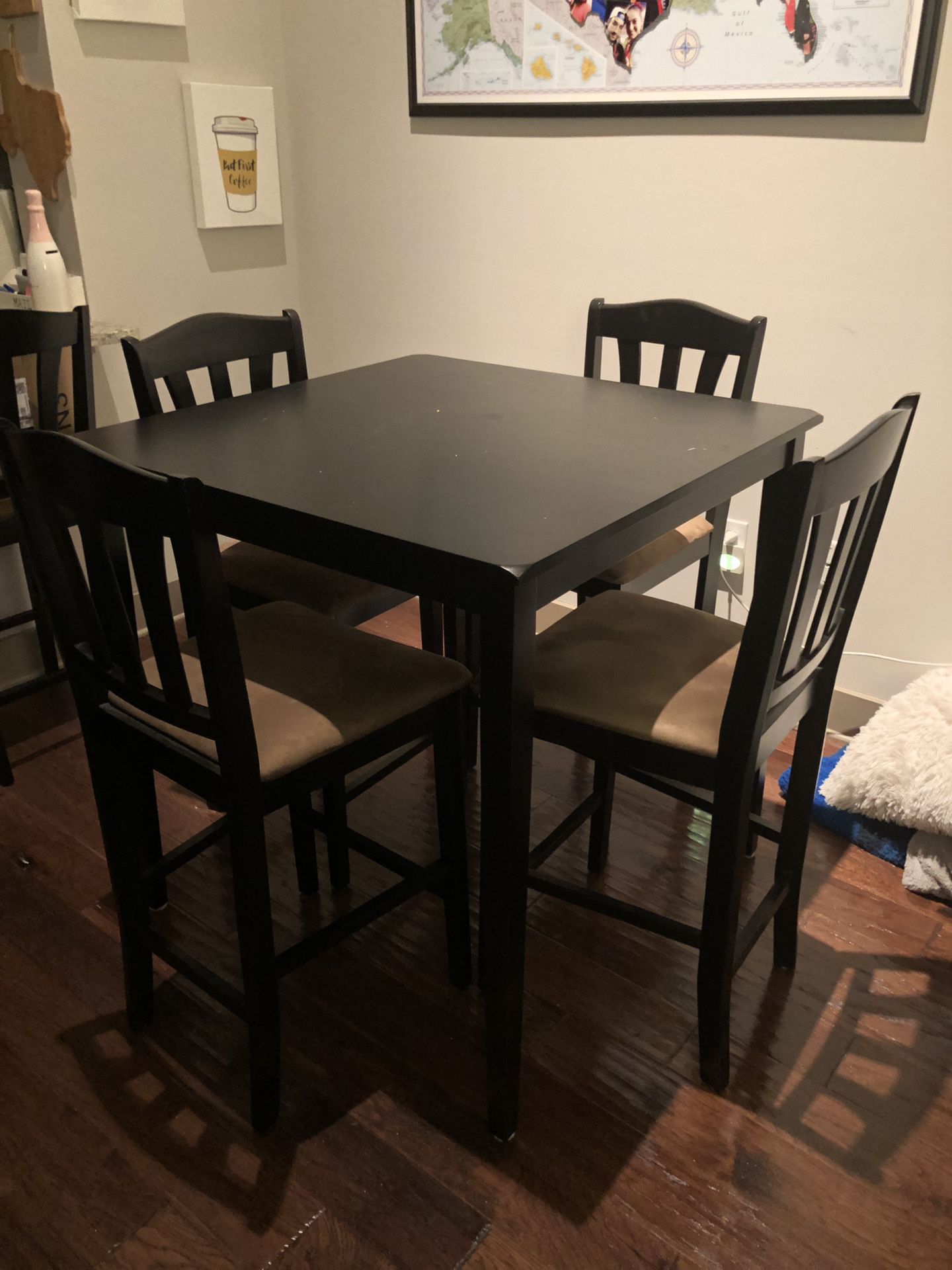 Black Wooden Bar Style Kitchen Table & 4 Chairs - 48”x48”