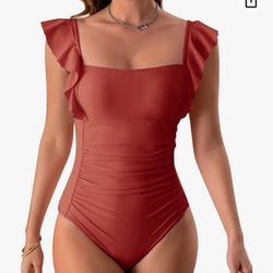 Women's One Piece Ruffle Swimsuit Ruched Tummy Control Bathing Suits Tie Back Backless 1 Piece Monokini Swimwear