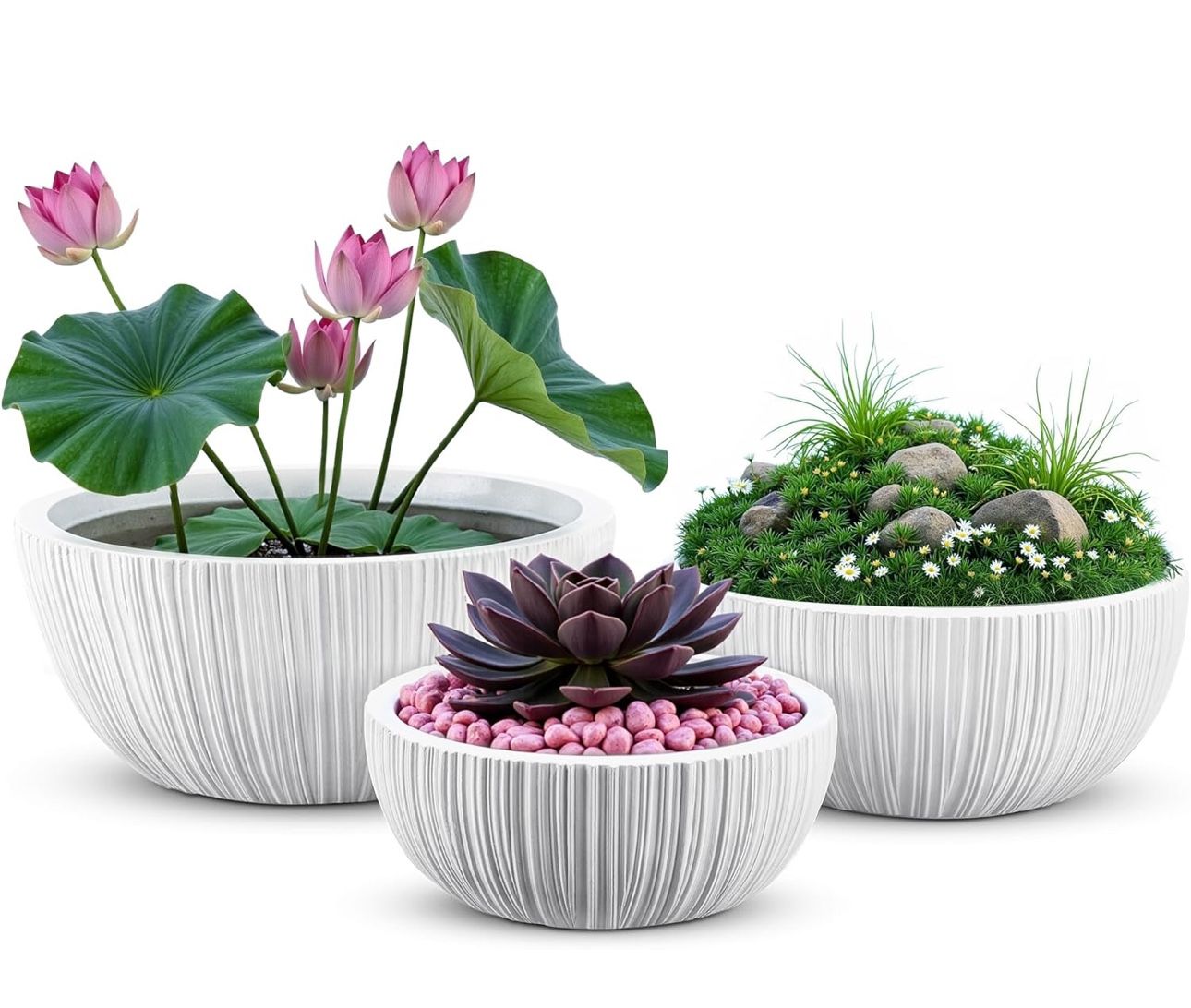 Round Wide Planter Pot, 3PCS Outdoor Indoor Modern Planter,17" + 14.4"+11.4" Dia Round Flower Pots for Patio, Garden, Home and Office