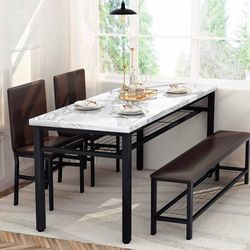 Kitchen Table Set for 4 with Chairs & Bench,Faux Mable Dining Table Set for 4 w/Storage Rack,Dining Room Table Set Dinner Table for Small Spaces, Apar
