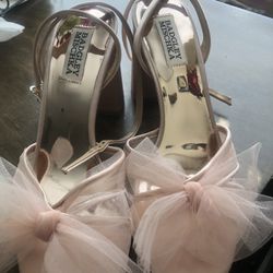 NWOB Badgley Mischka Tess Blush Pink Block Tulle Bow Heels Sandals 7.1/2