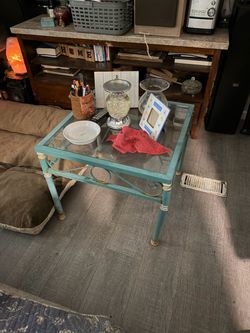 Teal Metal and Glass Top End Table