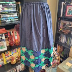 Women's Vintage Handmade Navy Floral Eyelet Skirt Elastic Waist "26"