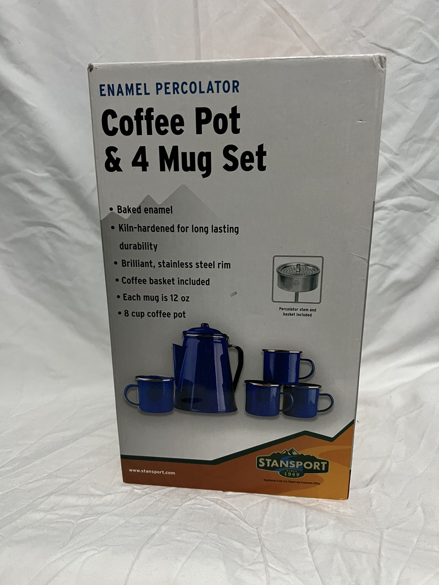 STANSPORT BLUE 8 CUP ENAMEL COFFEE POT WITH PERCOLATOR AND 4 12 OZ MUGS CAMPING NIB
