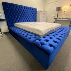 Paris Blue Velvet Queen Storage Platform Bed (King Bed Frame