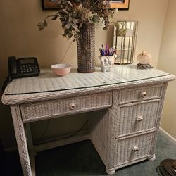Glass-Top White Wicker Desk and Chair