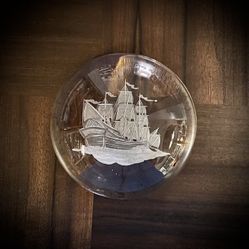 Vintage Etched Glass Ship Paperweight With Wooden Stand