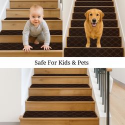 Brand New Kepenge Non Slip Stair Treads – 15 Pack, 8x30 Inch, Washable Carpet Stair Runners for Wooden Steps, Coffe