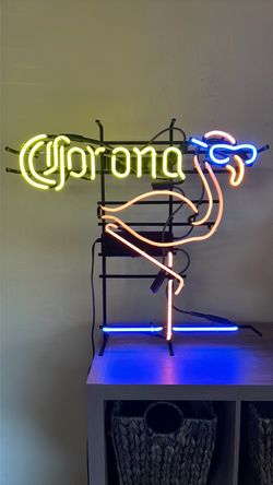 Illuminated Corona Neon Sign with Flamingo