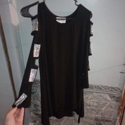 Black Cold-Shoulder Dress with Rhinestone Sleeves