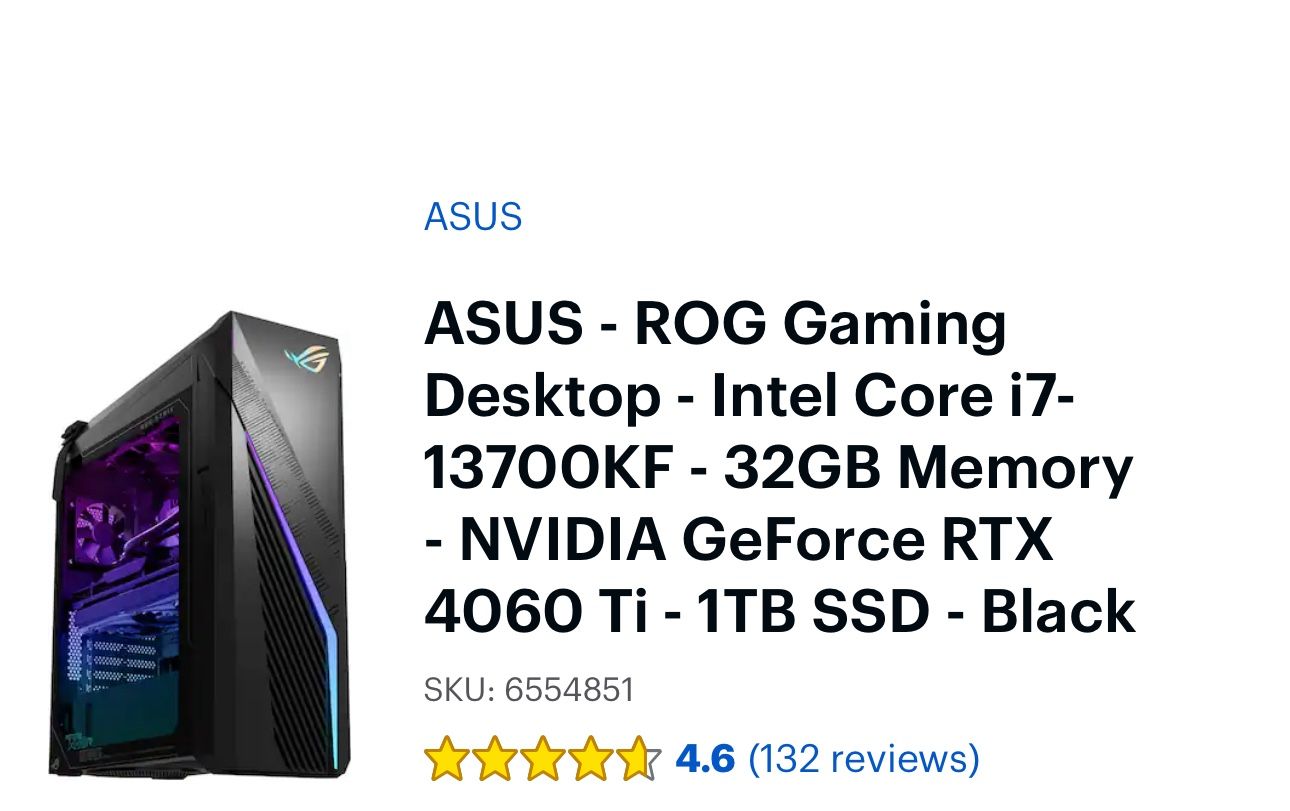 Gaming Computer Asus ROG Gaming Desktop - Intel Core i7-13700KF - 32GB Memory - NVIDIA GeForce RTX 4060 Ti - 1TB SSD - Black