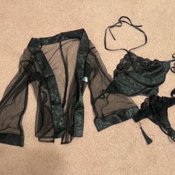 New Medium black bodysuit robe lingerie set outfit gothic sheer panty