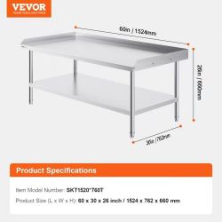 Stainless Steel Work Table, 30 x 60 x 26 Inch Commercial Food Prep Worktable, 3-Sided Backsplash Heavy Duty Prep Worktable, Metal Work Table for Resta