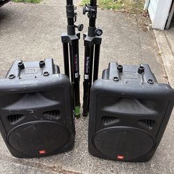 JBL EON15 G2 Powered PA Speakers (Pair) + On-Stage Tripod Stands