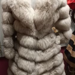 Gorgeous Blue Fox Full Length Fur Coat With Leather Collar