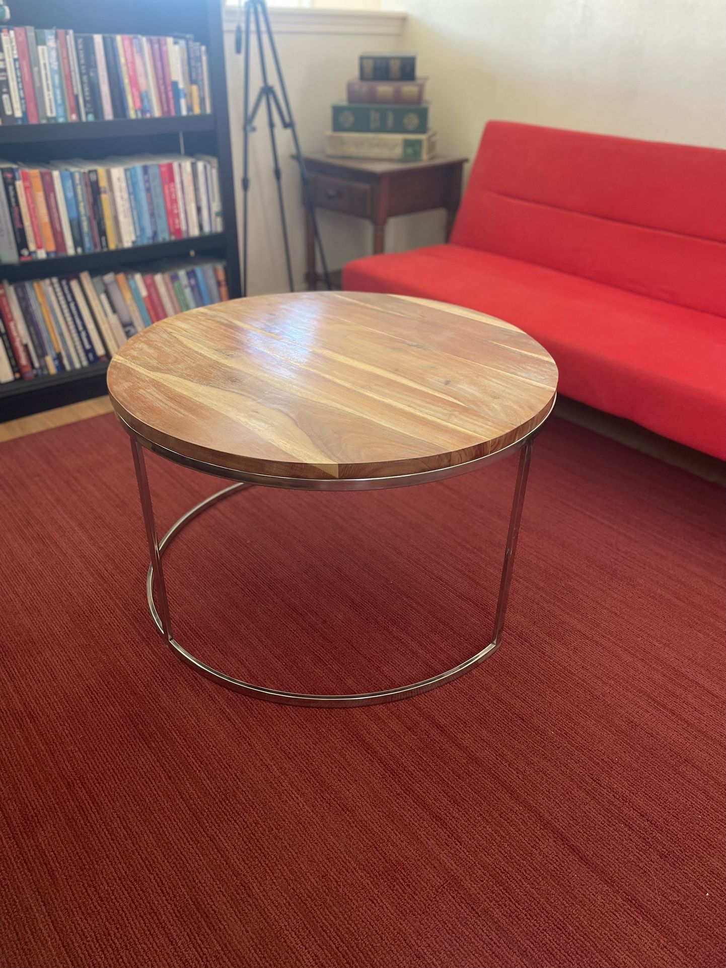 Round Wood & Metal Coffee Table – Modern Industrial Style