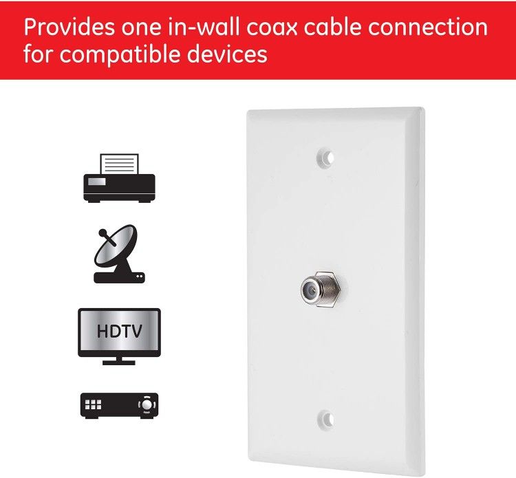(8Pack) GE Coaxial Cable Wall Plate, 1 Coax F Type Connector, Single