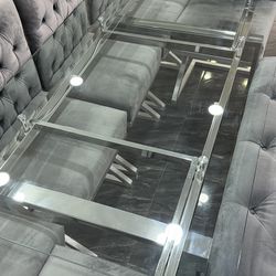 Dining Set – Glass Table + Chairs + Bench