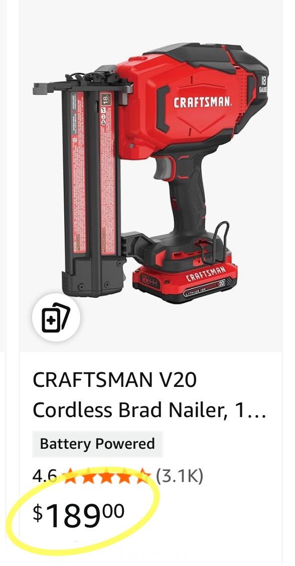 CRAFTSMAN V20 Cordless Brad Nailer, 18 Gauge Nail Gun, with 4.0 AH Battery and Charger