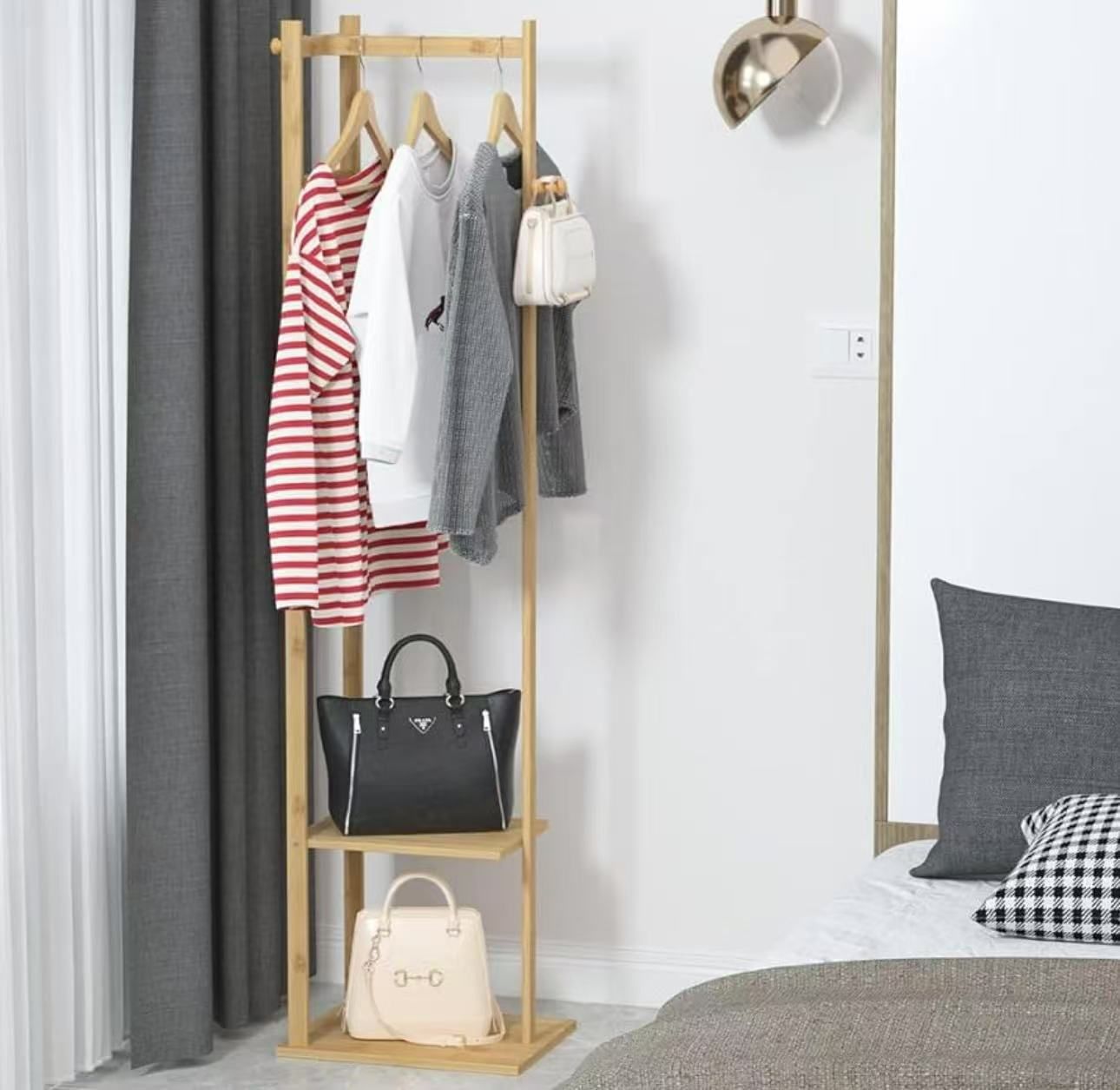 JJ-ZY212-V1 Bamboo Clothing Rack, Corner Coat Rack Stand Hall Trees Free Standing Clothes Hanging Rail Garment Rack with 2 Shelves 3 Hanger Hooks and