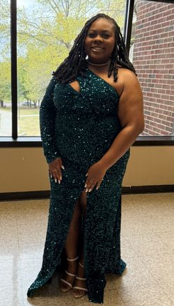 Emerald green, sequined, floor length, formal gown