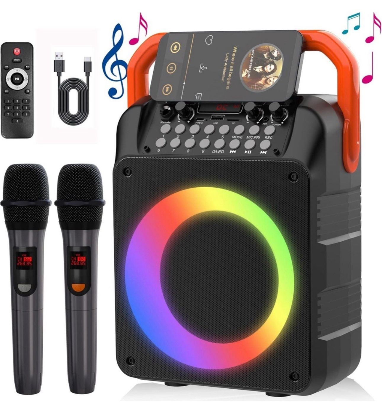 Karaoke Machine, Portable Bluetooth Speaker with 2 Wireless Microphones