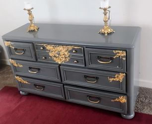 Painted Gray Dresser with Gold Leaf Accents