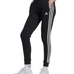NEW - Adidas Women's 3-Stripe Cotton Fleece Sweatpant Jogger Cuffed Black Pants  - large