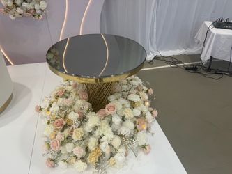 Round Smoked  Cake table mirror Glass Top Gold Base Side Table