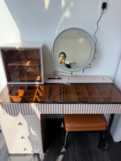 Modern Vanity Set with LED Mirror, Stool & Glass Cabinet