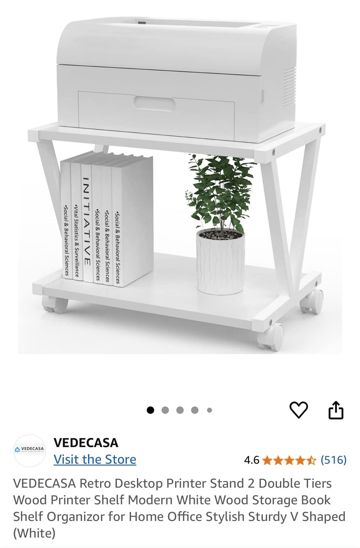 VEDECASA Retro Desktop Printer Stand 2 Double Tiers Wood Printer Shelf Modern White Wood Storage Book Shelf Organizor for Home Office Stylish Sturdy V