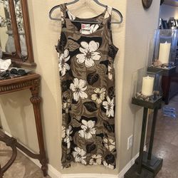 Vintage HILO HATTIE Women Olive Tropical Floral Hawaiian Sleeveless Dress Size L