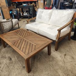 2 piece Hampton Bay woodford wood patio outdoor loveseat couch with white cushions & coffee table NEW
Excellent quality
New Fully assembled 
395$ cash