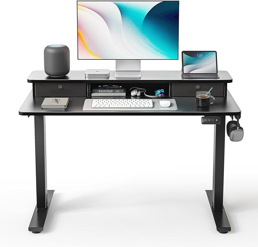 40'' x 24'' Height Adjustable Electric Standing Desk with Double Drawer, Height Adjustable Computer Desk, Home Office Stand Up Table with 4 Height-Adj