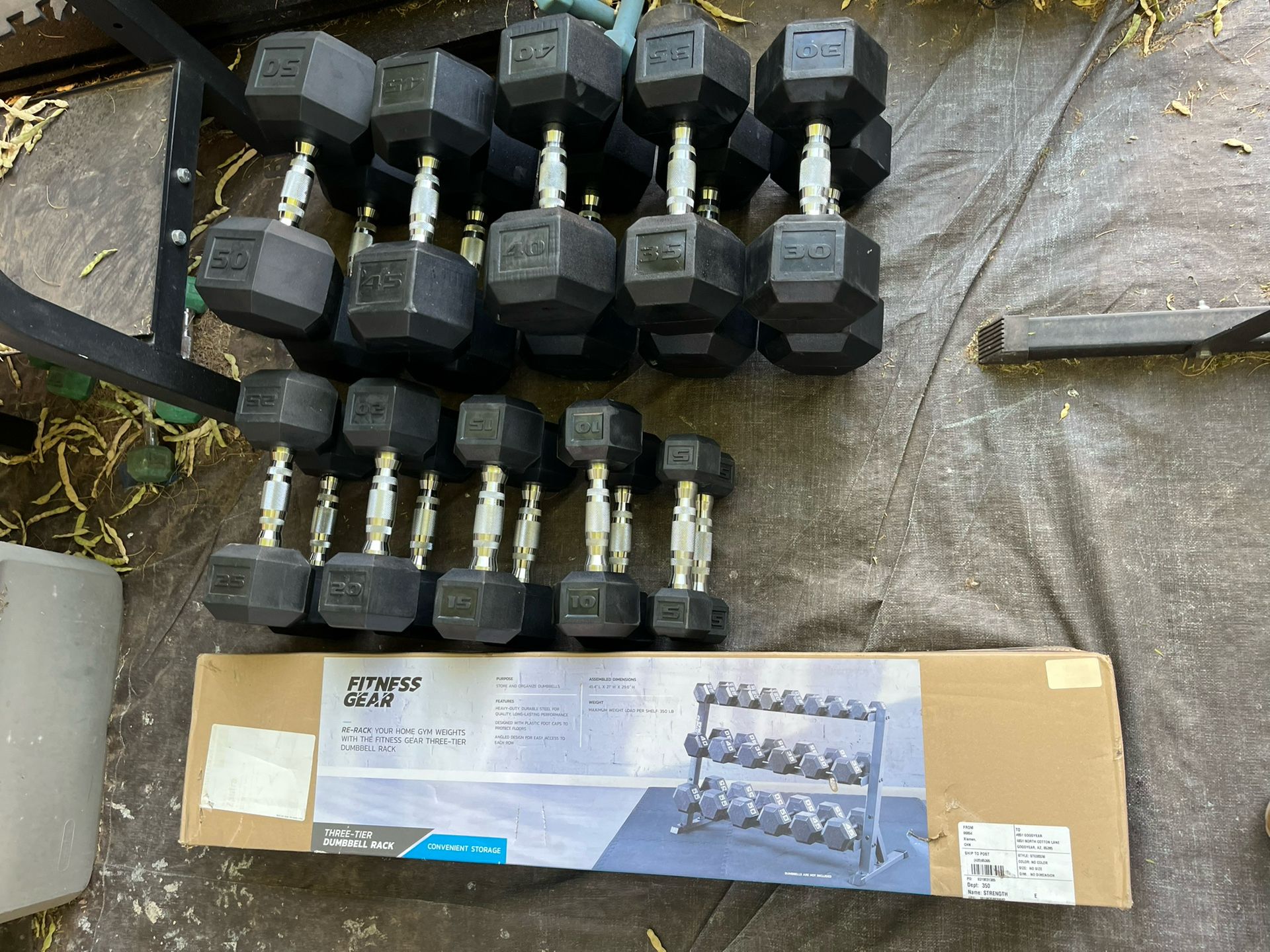 5-50lb Hex Rubber Dumbbell Set With Rack 550lbs