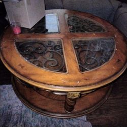 Vintage Solid Wood Glass Iron Coffee Table Matching Two End Tables