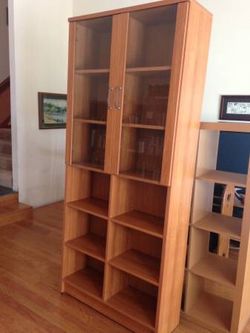 Tall 6-Tier Oak & Glass Cabinet