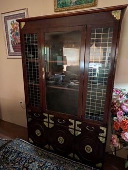 Vintage Asian Campaign Style Rosewood China Cabinet / Hutch with Brass Hardware