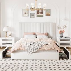 Queen Size Storage Bed Frame, Vertical Channel Tufted Adjustable Headboard, Velvet Upholstered Platform Bed with 4 Oversized Underbed Drawers, Wooden 