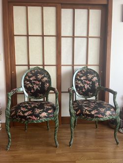 Pair Louis XVI-Style Armchairs with Custom Silk Upholstery & Emerald Green Painted Frame 