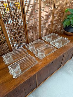 Vintage Set of 8 Mid Century 1950s Divided Glass Dish with Glass Cup