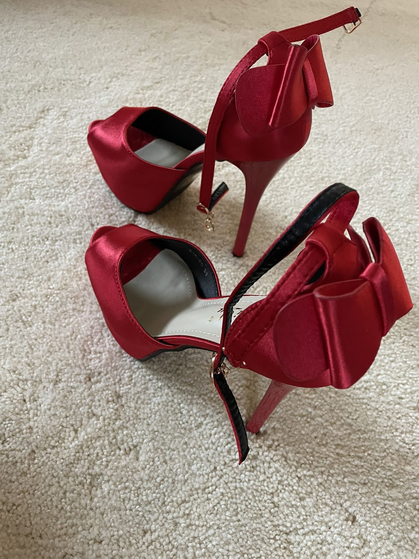 Satin Bow Decor Peep Toe Stiletto Heeled Ankle Strap Pumps Size 8.5/ Eu39