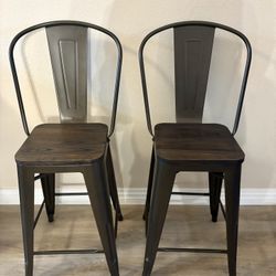 2 Industrial Bar Stools Dark Metal Wood Seat